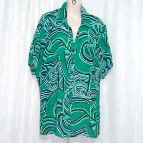 ✨Bogo FREE✨ Lane Bryant Polka Dot Artsy Design Short Sleeve Top Sz 26/28 - Picture 1 of 5